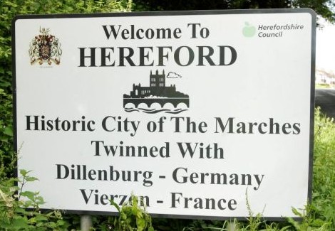 Welcome to Hereford Sign on the city borders